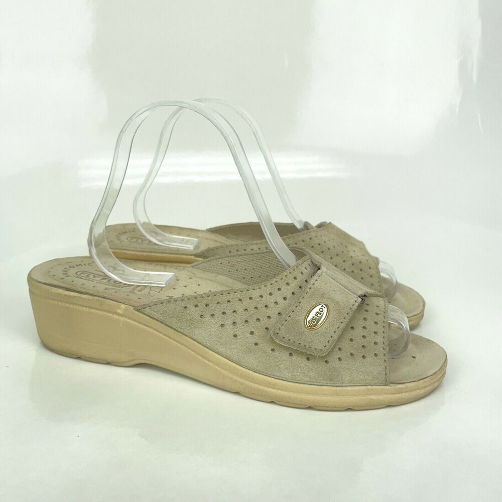 Fly Flot Beige Tan Leather Slide on Wedge Sandals Women’s Size EU 41 US 9 Italy